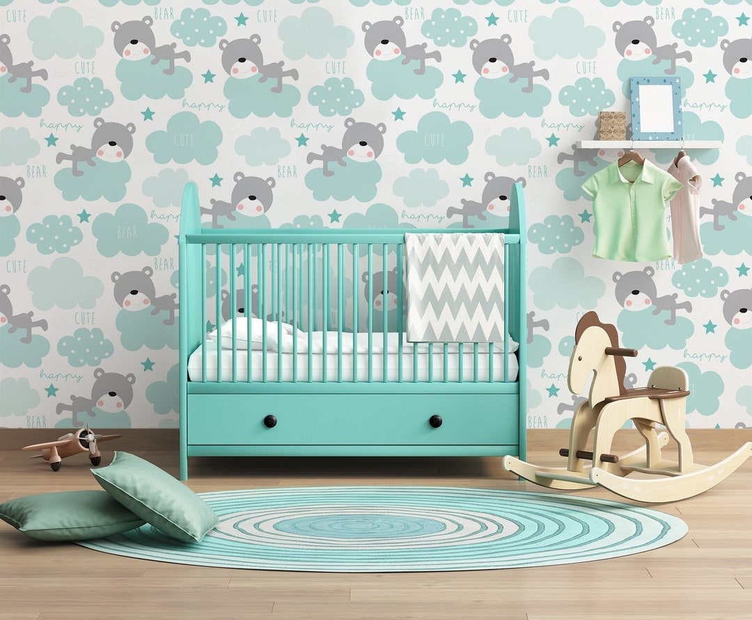 Teddy Bear and Clouds Wallpaper, Wall Mural for Kids, Peel and Stick ...