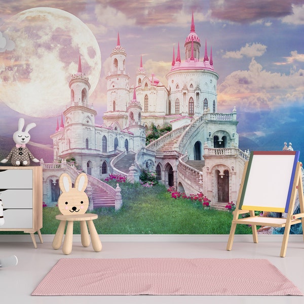 Wallpaper fantasy landscape, beautiful old castle, moon, wonderland, Wall Mural, Peel and Stick, Self-Adhesive, Removable, Floral Wall Decor
