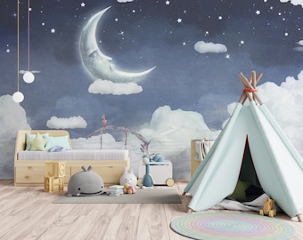 Watercolor Magical Night Mural, Moon and Stars, Wallpaper for Kids, Nursery Wall Mural, Peel and Stick, Self-Adhesive, Wall Decor