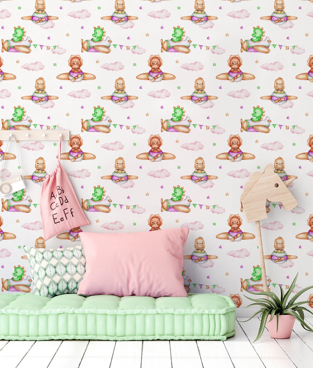 Tapete mit Dino, Flugzeug, Wolke und Stern, abnehmbar,  Kinderzimmer-Wandkunst, selbstklebend (abziehen und aufkleben), nicht  selbstklebend (Vinyl) - Etsy Schweiz, image size:1080x1270