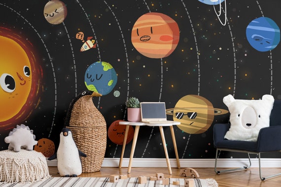 Dessin animé drôle de papier peint du système solaire, planètes et soleil,  papier peint pour enfants, peinture murale de chambre denfant, pelage et  bâton, auto-adhésif, décoration murale -  France