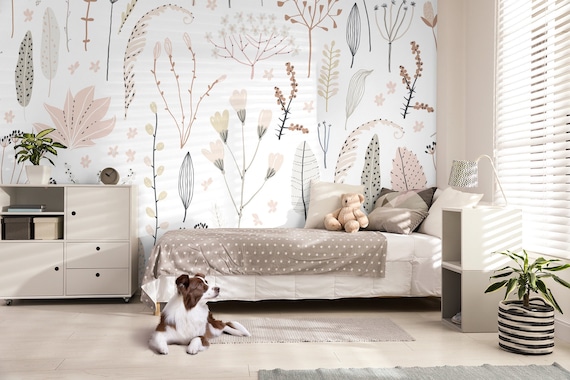 Pattern with flowers, branch, leaves, vintage wallpaper | Peel and Stick, Self Adhesive, Baby & Kids Room, Removable Nursery Mural