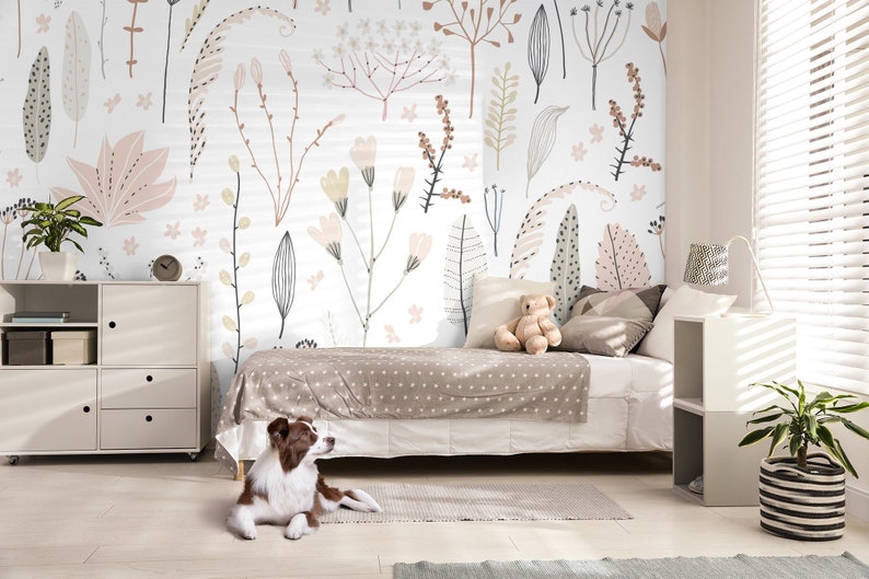 Pattern with flowers, branches, leaves, vintage wallpaper | Peel and Stick, Self Adhesive, Baby & Kids Room, Removable Nursery Mural image 1