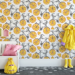 Watercolor wallpaper, bicycles, fruit orange wheels, Removable, Nursery Wall Art, Self Adhesive (Peel and Stick), Non Self Adhesive (Vinyl)