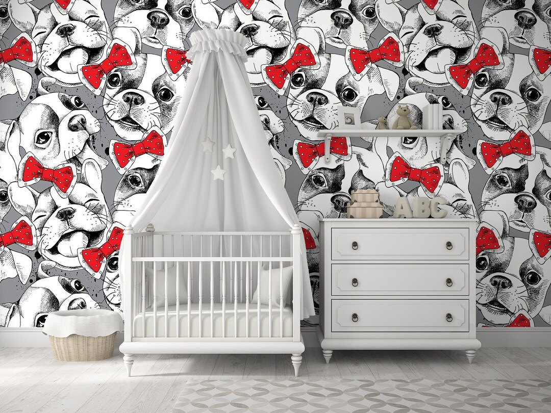 Black and White Dog Wallpaper With Red Bow Tie Wall Decor Etsy