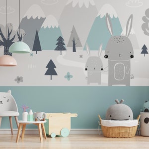 Mountain wallpaper, scandinavian cute bunny pattern, removable, Nursery Wall Art, Self Adhesive (Peel and Stick), Non Self Adhesive (Vinyl)