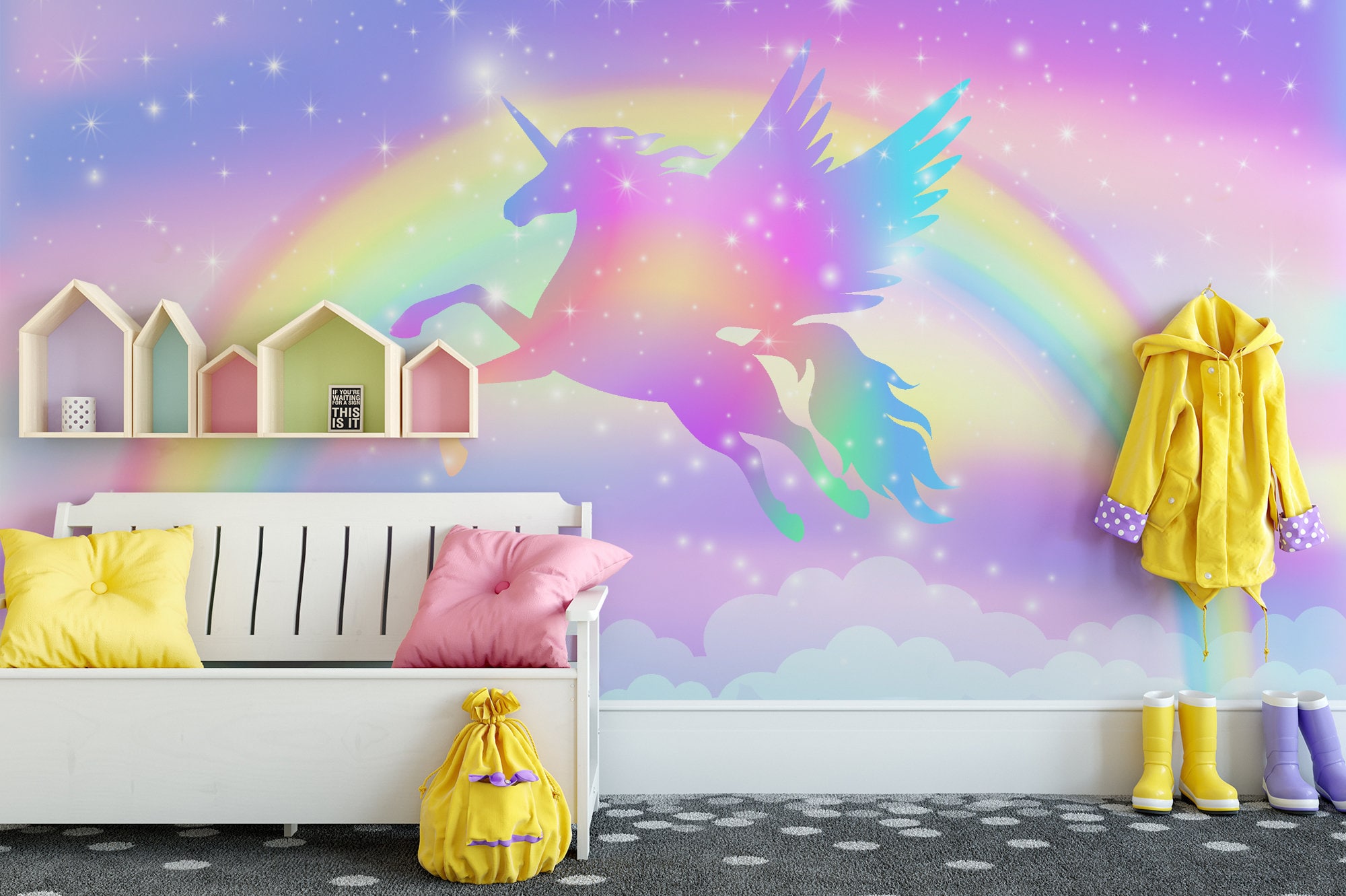 Regenbogentapete mit Einhorn, Sternen, Wolken, Wandbild, abziehen und  aufkleben, selbstklebend, abnehmbar, florales Wanddekor - Etsy Österreich, image size:2000x1331