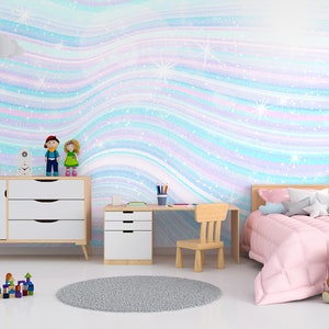 Einhorn-Regenbogen-Tapete, Fantasy-Universum, blaues und rosa Kinderzimmer-Wandbild, abziehen und aufkleben, selbstklebend, Wanddekoration
