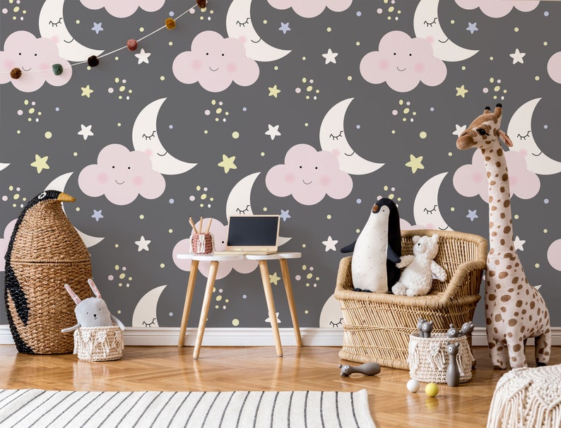 Wallpaper With Moon, Cloud and Stars, Nursery Wall Mural, Peel and ...