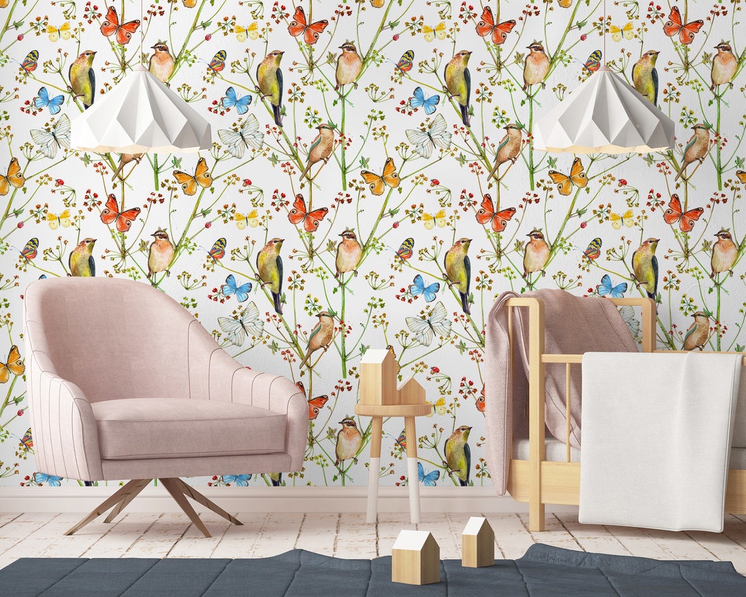 Nature Nursery Wallpaper, Floral Wall Mural, Flowers and Birds Kids ...