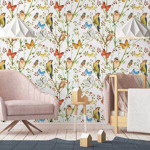 Nature nursery wallpaper, Floral wall mural, Flowers and Birds Kids Wallpaper, Nursery Wall Mural, Peel and Stick, Self-Adhesive, Wall Decor