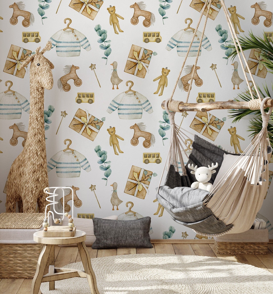 Watercolor Wallpaper With Baby Toys, Removable Wall, Nursery Wall Art ...