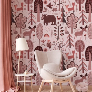 Wallpaper with forest, animals, trees, flowers and plants, Kids Mural, Nursery Wallpaper, Peel & Stick, Self-Adhesive, Removable, Wall Decor