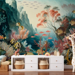 Underwater world wallpaper, fish and coral reef, removable, Nursery Wall Art, Self Adhesive (Peel and Stick), Non Self Adhesive (Vinyl)