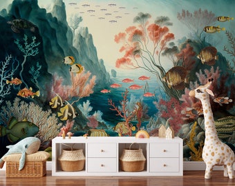 Underwater world wallpaper, fish and coral reef, removable, Nursery Wall Art, Self Adhesive (Peel and Stick), Non Self Adhesive (Vinyl)