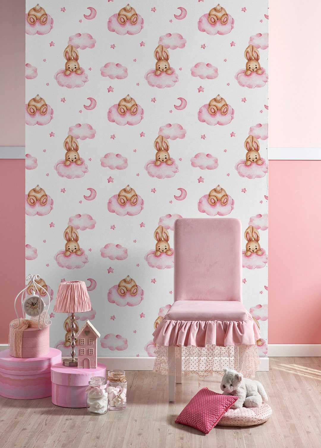 Watercolor Wallpaper With Bunny on Pink Cloud, Removable, Nursery Wall ...