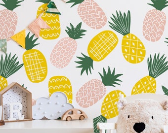White Wallpaper for Kids with Cartoon Yellow Pineapples, Funny Wallpaper, Nursery Wall Mural, Peel and Stick, Self-Adhesive, Wall Decor