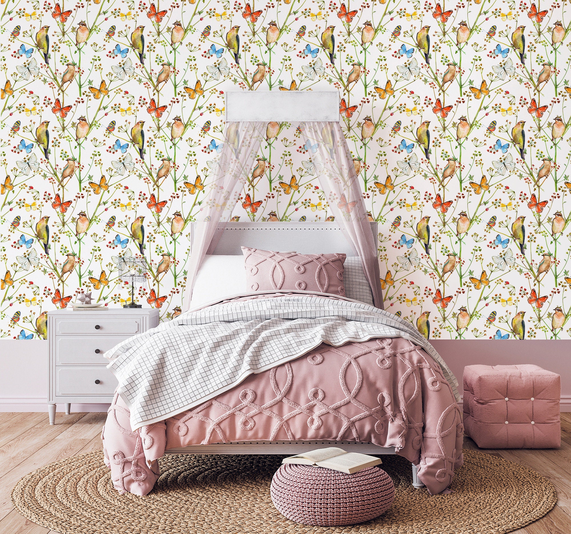 Nature Nursery Wallpaper, Floral Wall Mural, Flowers and Birds Kids ...