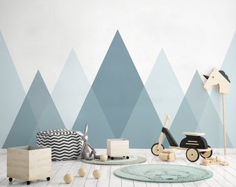 Vector Blue Cartoon Mountain Landscape Wallpaper for Kids, Nursery Wall Mural, Peel and Stick, Self-Adhesive, Wall Decor