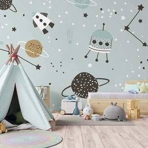 Mint Green Space Wallpaper, Planets and Stars, Wallpaper for Kids, Nursery Wall Mural, Peel and Stick, Self-Adhesive, Wall Decor