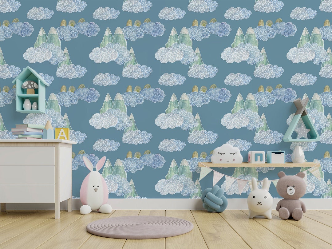 Blue Wallpaper With Watercolor Clouds and Mountains for Kids, Nursery ...
