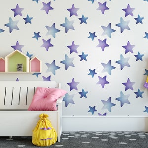 Watercolor wallpaper with blue and purple star, Wall Mural, Removable, Self Adhesive (Peel and Stick), Non Self Adhesive (Vinyl)