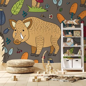 Boar Wallpaper, Cartoon Animal Pattern, Mushroom, Wallpaper for Kids, Nursery Wall Mural, Peel and Stick, Self-Adhesive, Wall Decor