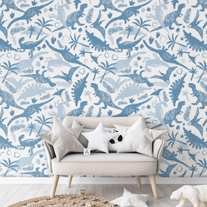 Bblue and white wallpaper with dinosaur, Nursery Wallpaper, Peel & Stick, Self-Adhesive, Removable, Wall Decor