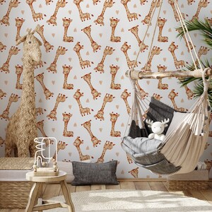 Watercolor animal wallpaper, cute giraffe and heart, Removable, Nursery Wall Art, Self Adhesive (Peel and Stick), Non Self Adhesive (Vinyl)