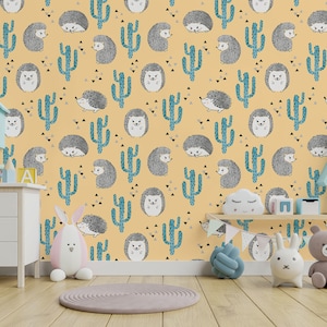 Carta da parati infantile con simpatico riccio acquerello e cactus, decorazione murale, stacca e incolla, autoadesiva, rimovibile, decorazione murale floreale