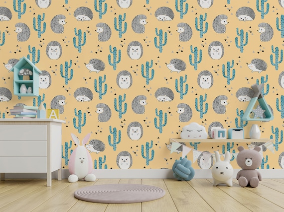 Papel pintado infantil con lindo erizo y cactus de acuarela, Mural de pared,  Peel and Stick, Autoadhesivo, Extraíble, Decoración de pared floral -   España