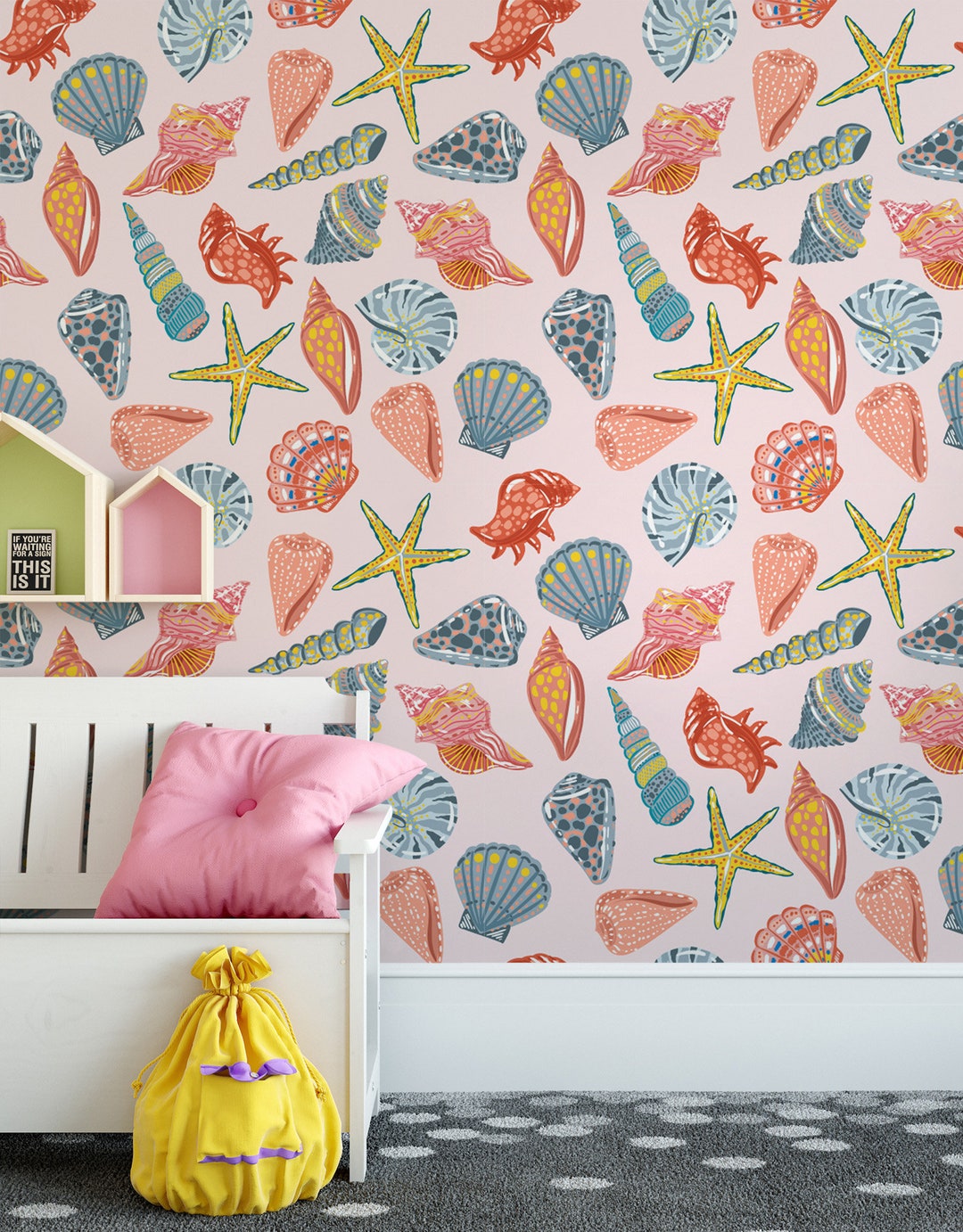 Pink Wallpaper With Seashells, Corals and Starfishes, Removable