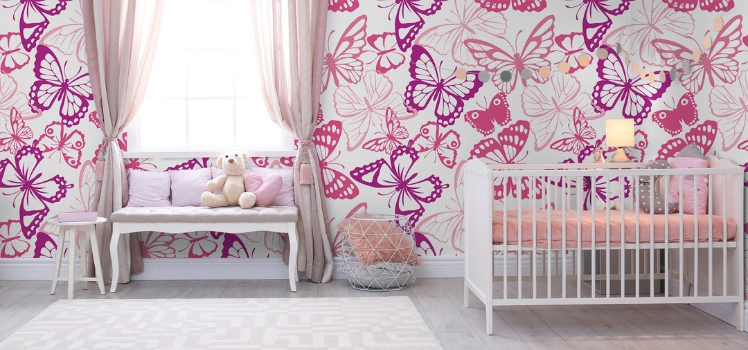 Wallpaper With Butterflies, Pink and White, Nursery Wall Mural, Peel ...