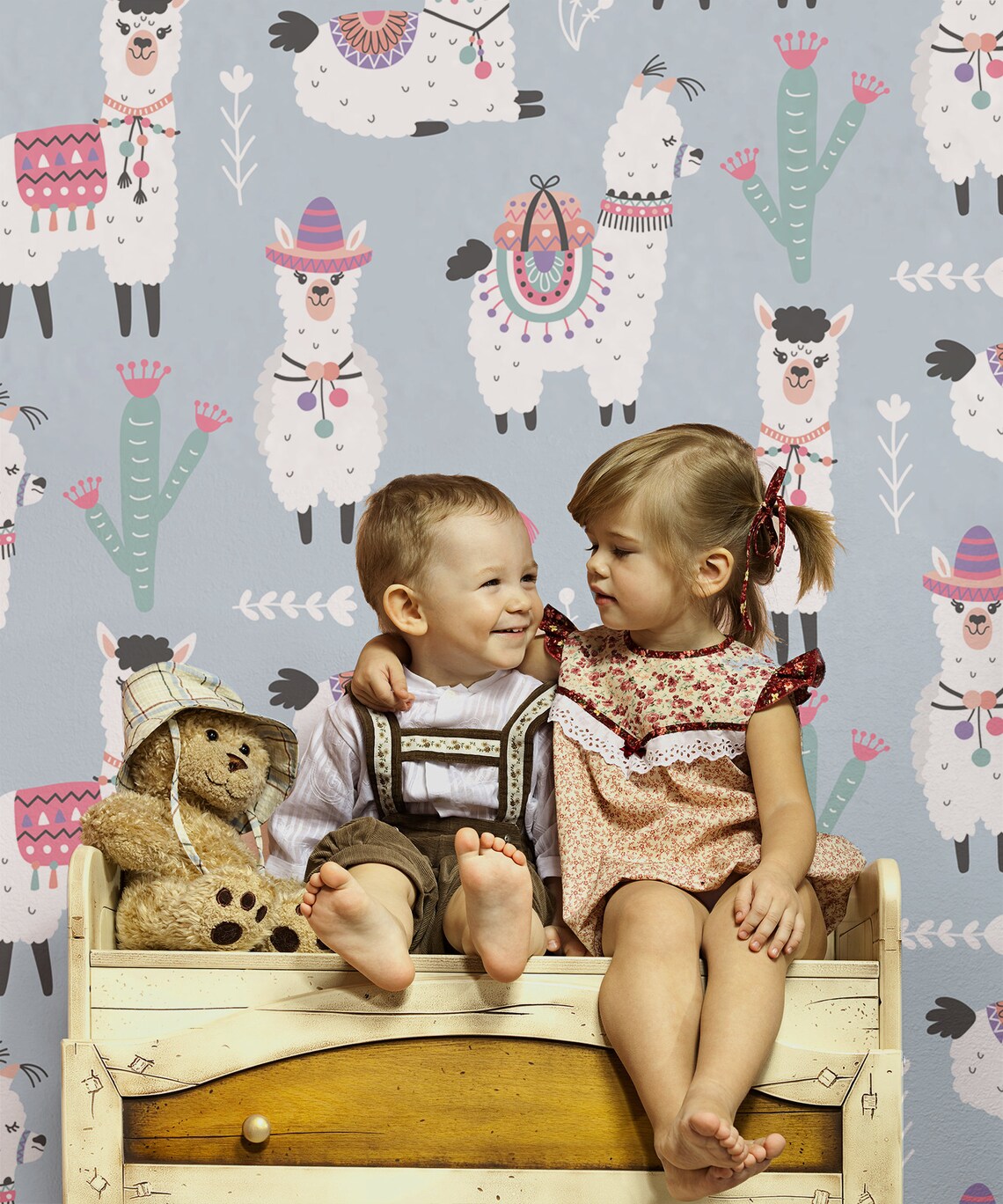 Blue Wallpaper With White Llamas Cartoon Animal Mural - Etsy