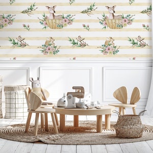 Carta da parati animale acquerello con strisce gialle, foglie Decorazione murale, Rimovibile, Autoadesiva (stacca e incolla), Non autoadesiva (vinile)