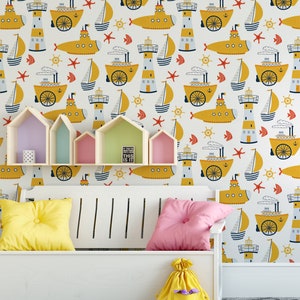 Papel pintado marino para niños, barco, velero, patrón de estilo de dibujos animados, mural de pared, removible, autoadhesivo (pelar y pegar), no autoadhesivo (vinilo)