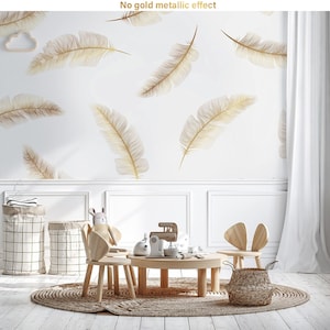 Modern luxury wallpaper, matte gold feather, White Nursery Wall Mural, Removable, Self Adhesive (Peel and Stick), Non Self Adhesive (Vinyl)
