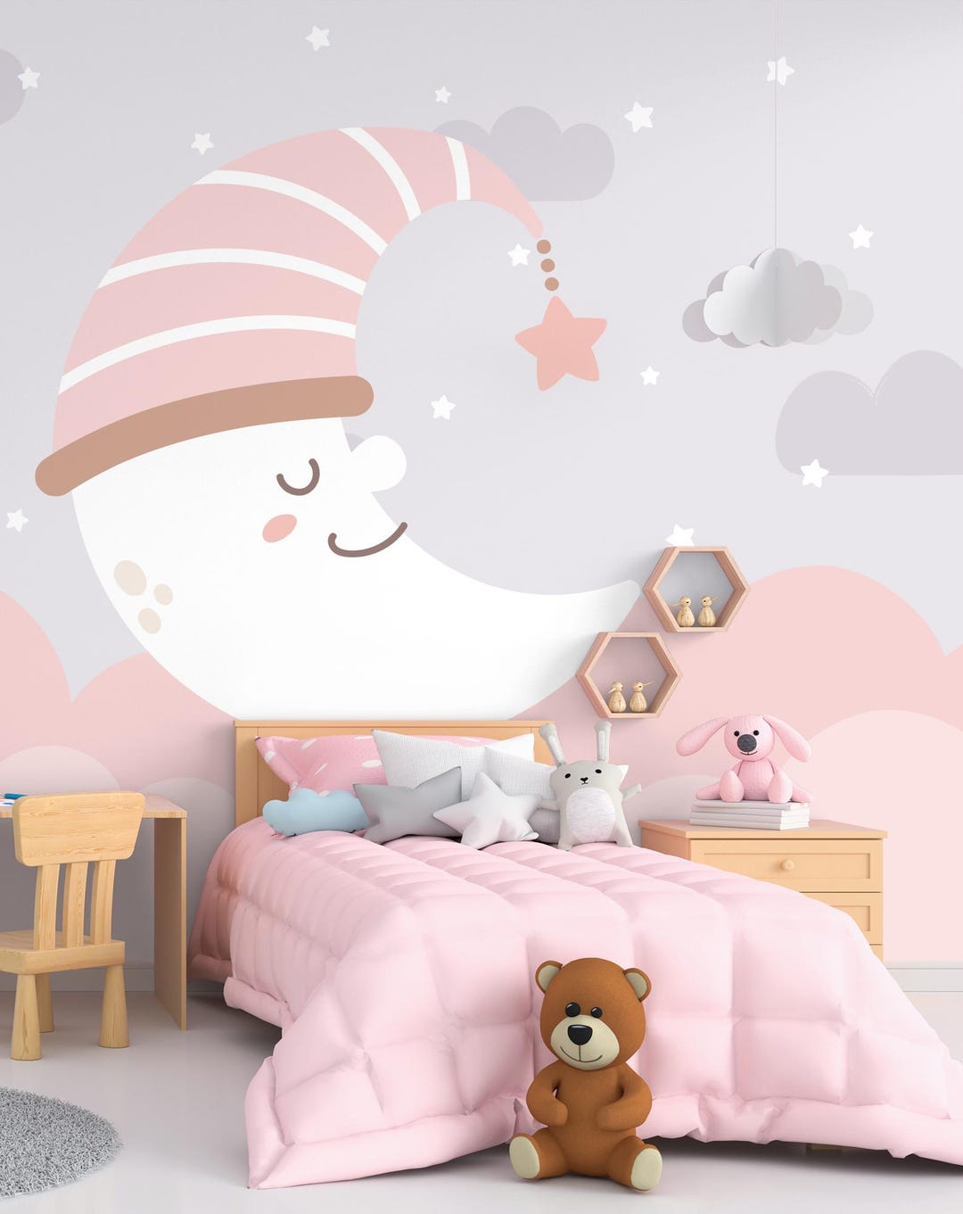 Abstract Moon Wallpaper, Cloud and Stars Wall Decor, Nursery Removable ...