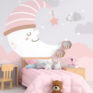 Abstract moon wallpaper, Cloud and stars Wall Decor, Nursery removable Wall Mural, Peel and Stick OR Non Self Adhesive (Vinyl)