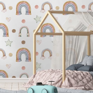 Watercolor wallpaper, polka dot and rainbow pattern, Wall Mural, Removable, Self Adhesive (Peel and Stick), Non Self Adhesive (Vinyl)
