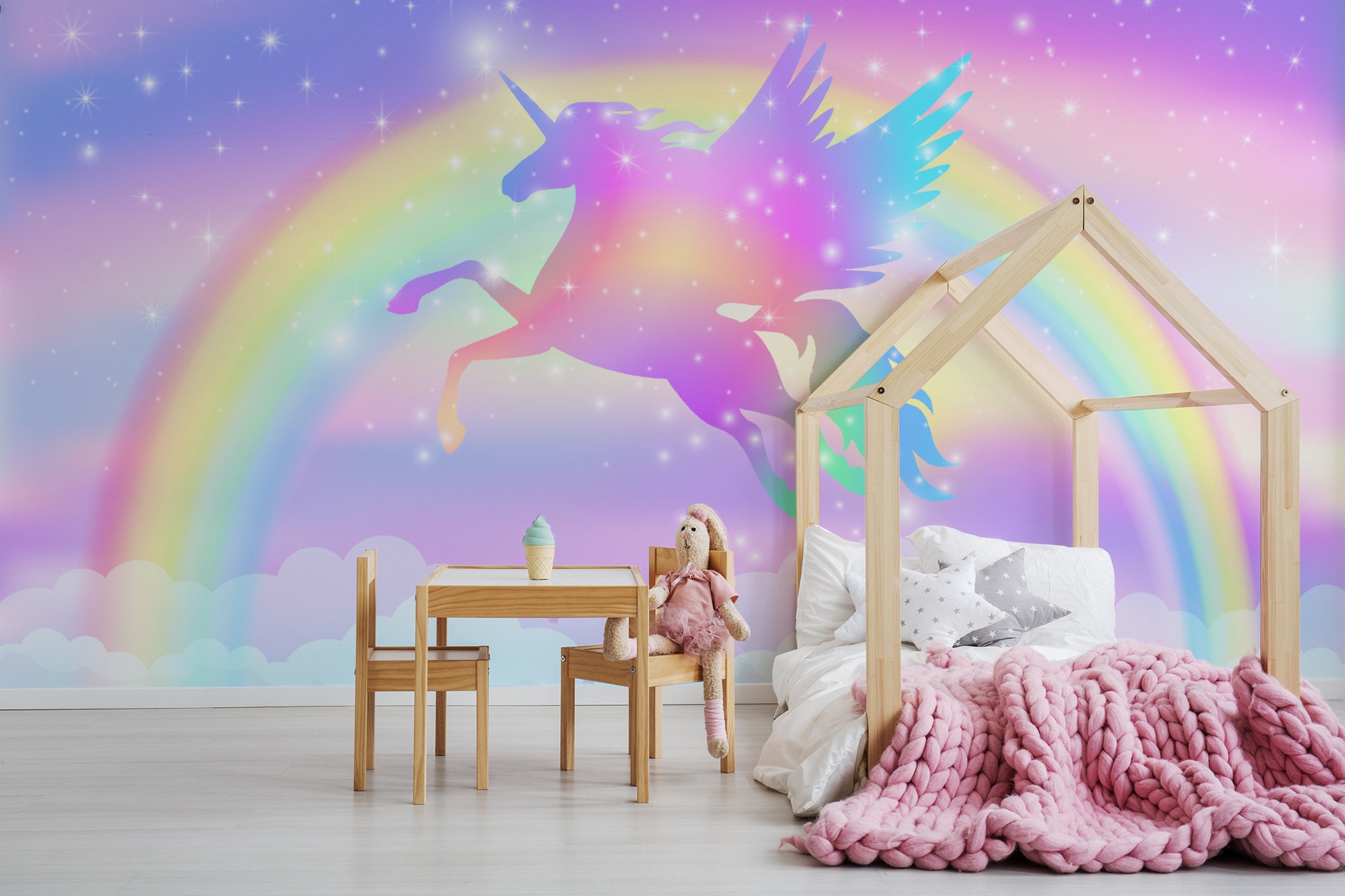 Regenbogentapete mit Einhorn, Sternen, Wolken, Wandbild, abziehen und  aufkleben, selbstklebend, abnehmbar, florales Wanddekor - Etsy Österreich, image size:2000x1333