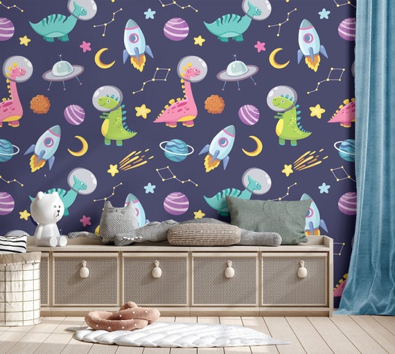 Dinosaurs Wallpaper, Planets, Rocket and UFO | Peel and Stick (Self Adhesive) or Vinyl materials, Baby & Kids Room, Removable Nursery Mural