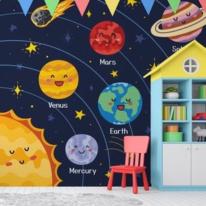 Carta da parati galassia per bambini, decorazione da parete pianeta colorato, arte da parete, decorazione murale per la cameretta dei bambini, rimovibile, stacca e incolla o non autoadesiva (vinile)