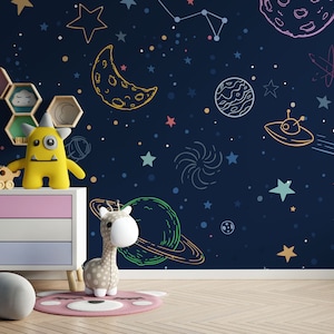 Weltraumtapete mit Planeten, Kosmos, Galaxie, Kinderzimmer-Wandbild, abziehen und aufkleben, selbstklebend, Wanddekoration