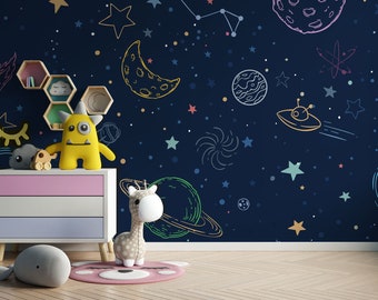 Space wallpaper with planets, cosmic, galaxy, Nursery Wall Mural, Peel and Stick, Self-Adhesive, Wall Decor