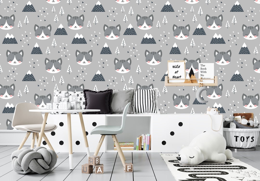 Gray Kids Wallpaper With Kitten Heads, Cute Cats and Cartoon Mountains ...