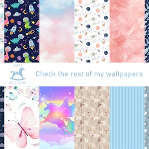 May include: A collage of 10 different baby wallpaper designs. The designs include a pink floral pattern, a blue space-themed pattern, a pink and blue cloud pattern, a white and blue space-themed pattern, a pink fur pattern, a blue dinosaur pattern, a blue fox and cloud pattern, a white butterfly pattern, a rainbow unicorn pattern, a beige forest pattern, a blue striped pattern, and a blue heart pattern. The text "Check the rest of my wallpapers" is displayed in the center of the collage.