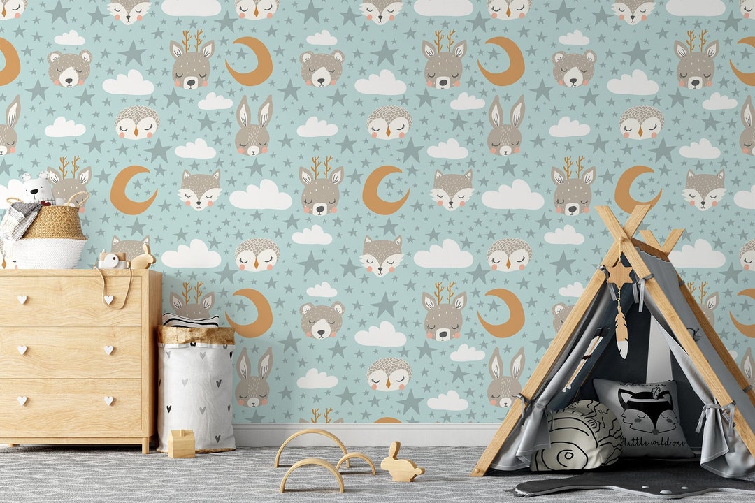 Cute Light Blue Baby Wallpaper With Clouds, Stars and Sleeping Animals