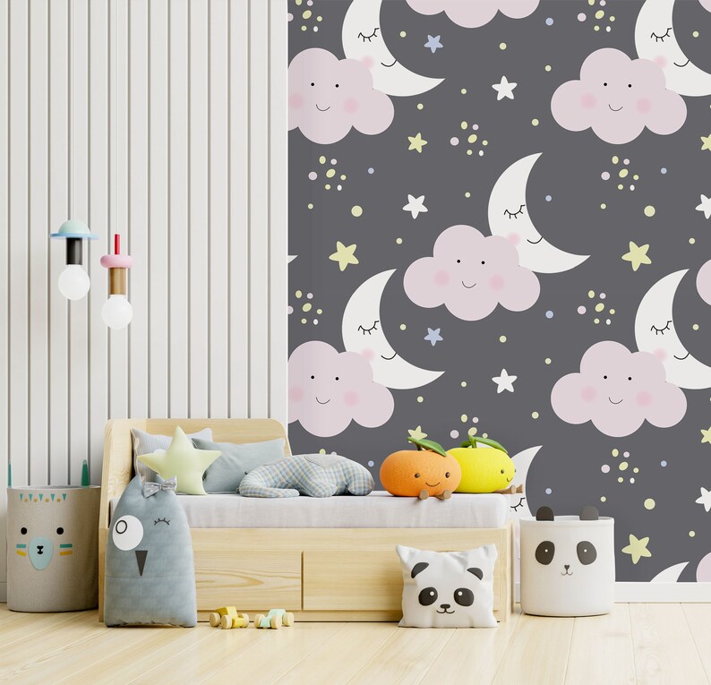 Wallpaper With Moon, Cloud and Stars, Nursery Wall Mural, Peel and ...