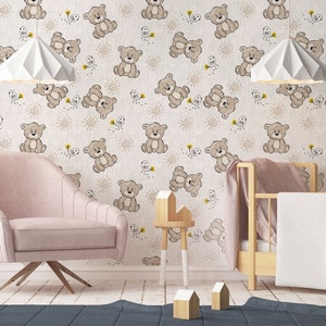 Cute wallpaper with teddy bears pattern, Nursery Wall Mural, Peel and Stick, Self-Adhesive, Wall Decor